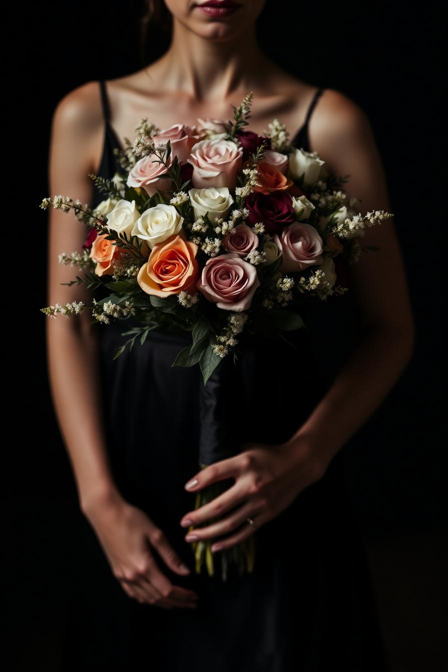 Bridal bouquet of pale roses and peonies