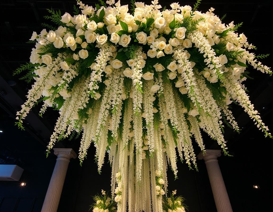 Cascading floral installation at a private event