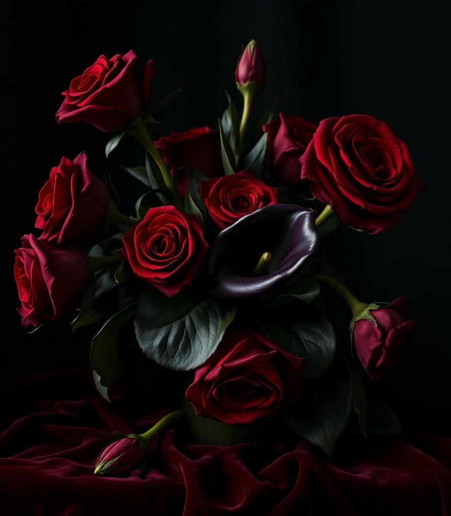Deep red velvet roses arranged in a low bowl
