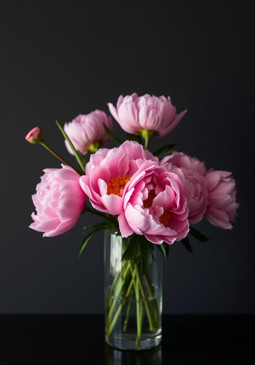 Blush peonies in full bloom on a marble surface