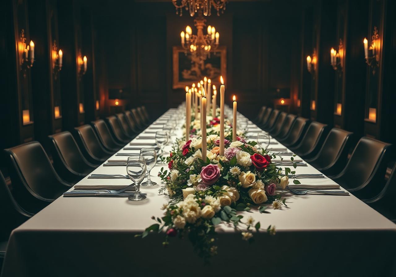 Long banquet table dressed with seasonal florals